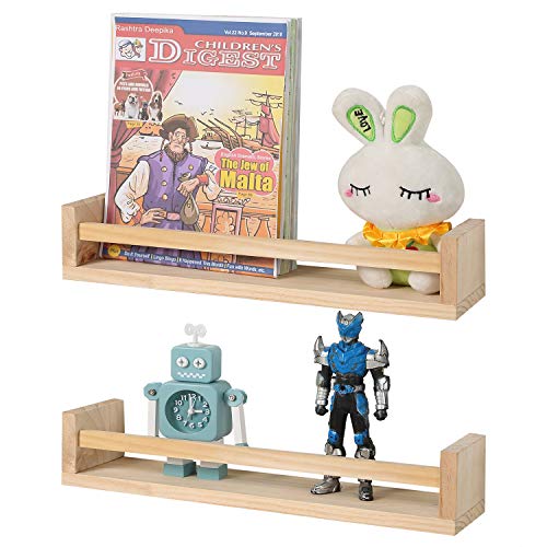Image of Amy Dceom Nursery Book Shelves Set of 2, Wood Floating Book Shelves for Kids Room, Rustic Baby Nursery Shelf Decor for Bedroom, Living Room (Natural)