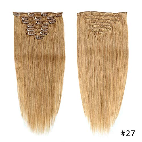 Gold Clip in Human Hair Extensions Double Weft Full Head 14"-20" Grade 8A Quality 7pcs 16clips Long Soft Silky Straight 100% Remy Human Hair Clip In (20''-70g #27)