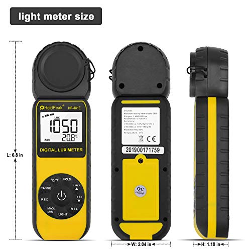 Light Meter-HOLDPEAK 881E Digital Illuminanc/Light Meter with 0.01~300,000 Lux (0.01~30,000 FC) Measuring Ranges and 270° Rotatable Detector for LED Lights and Plants Lumen Meter