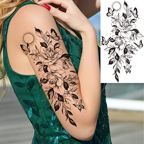 Briyhose 10 Sheet Rose Flower Realistic Temporary Tattoos For Women Arm Thigh, Large Sexy Snake Lion Butterfly Floral Fake Tattoos Stickers Adult Girl, Mix Color Long Lasting Temp Tatoo Leg Chest Waist Body Art #TOP1