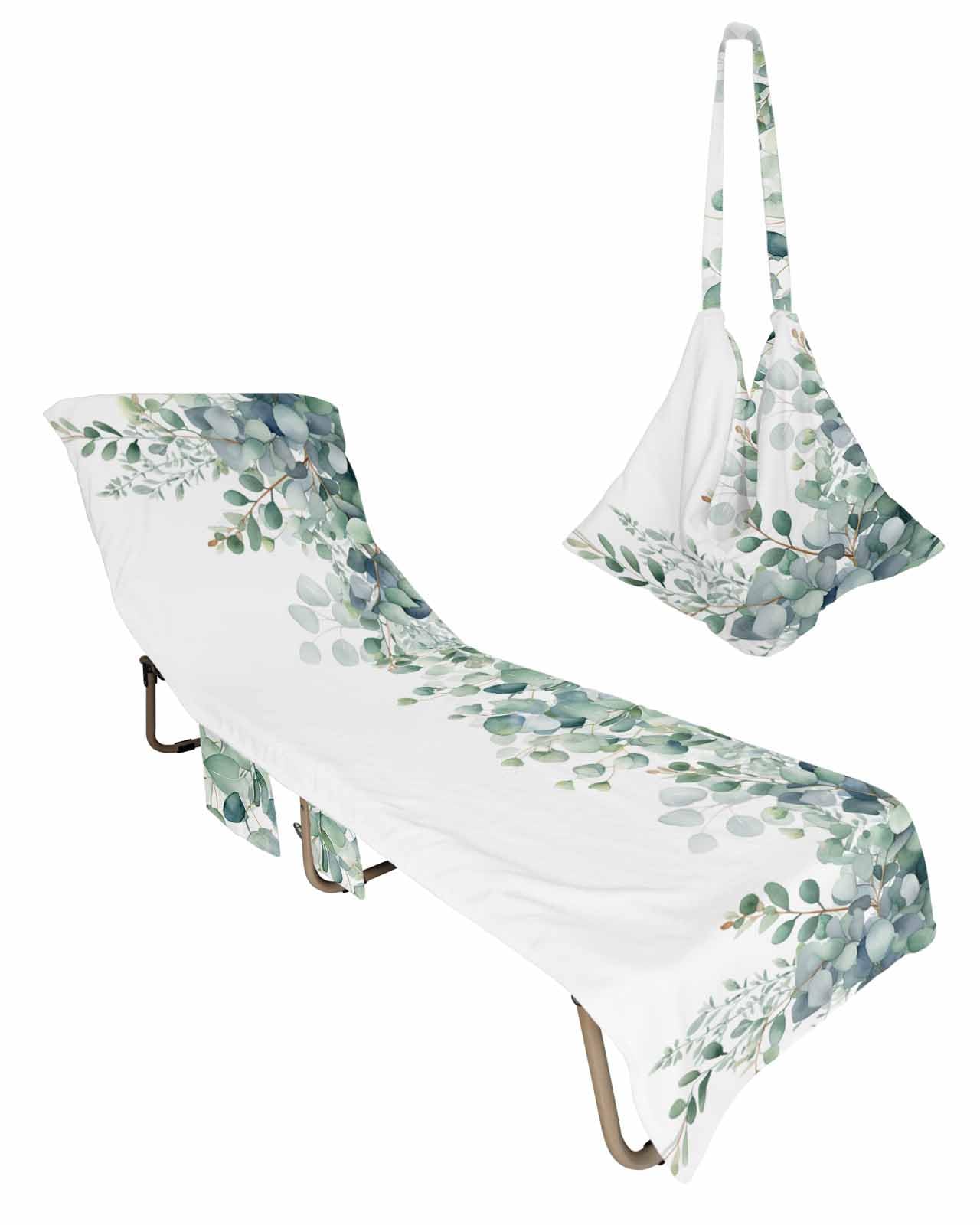 Green White Eucalyptus Beach Chair Towel Covers for Chaise Lounge with Side Pocket, Soft Plush Pool Towels Cover for Patio Sunbathing Outdoor 29''x85'' Watercolor Leaves Simple White