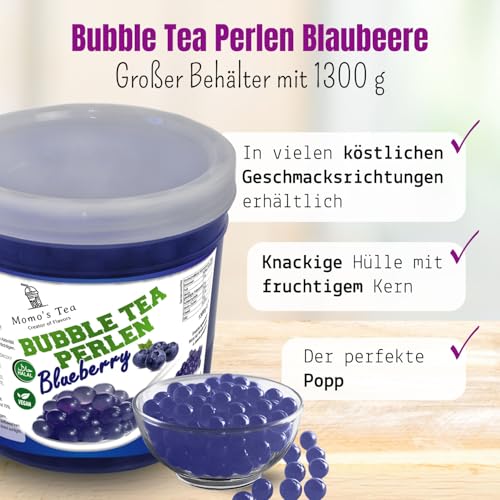 Momo’s Tea® Bubble Tea Perlen - zum selber machen [Blaubeere - 1300g XXL Behälter] - 100% vegan, halal, glutenfrei