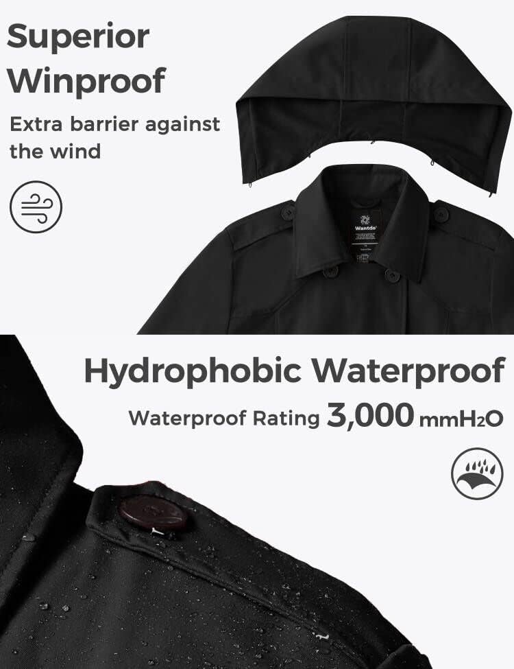 wantdo Women's Plus Size Trench Coat Double-Breasted Waterproof Lapel Overcoat Stylish Pea Coat with Detachable Hood - Image 4