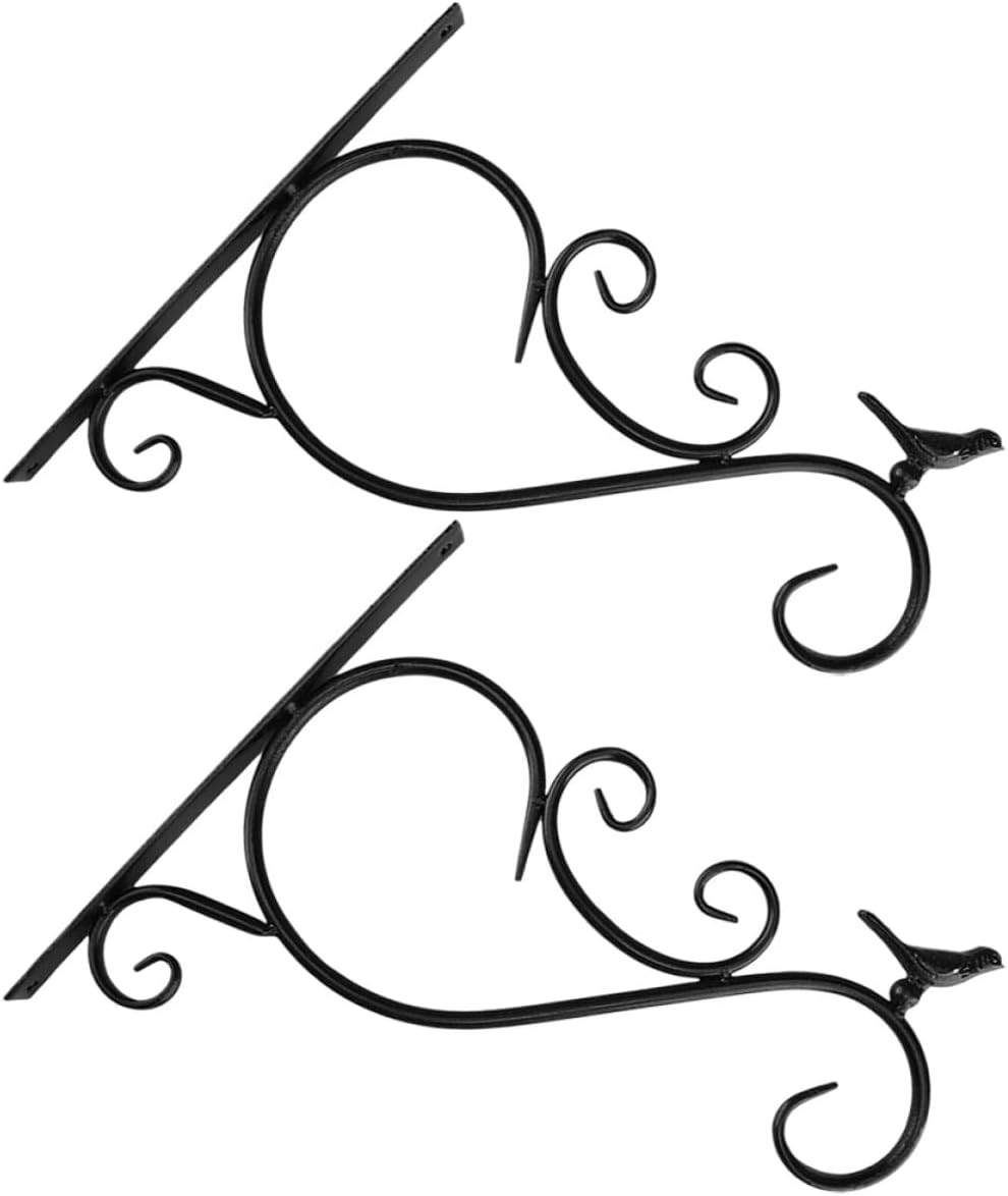 DOITOOL 2pcs Black Metal Hanging Plant Bracket for Outdoor Wall Mounted Flower Basket Holder, Balcony Planter Hanger with Heavy Duty Hooks for Patio Garden Décor