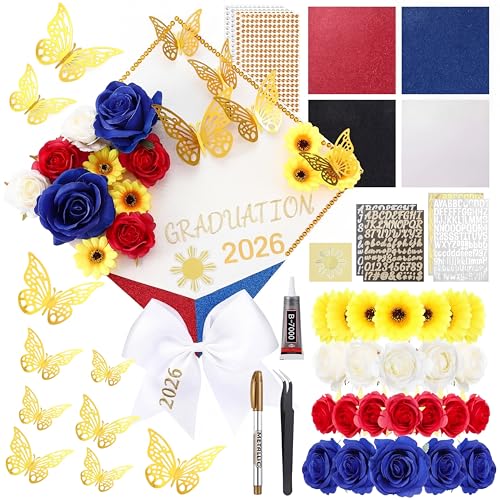 WinnerWhy 50pcs DIY Philippines Flag Graduation Cap Decorations 2026 Handmade Filipino Grad Hat Kit Included Faux Flower Heads Letter Number Rhinestones 3D Butterfly Stickers for Graduation Cap Topper