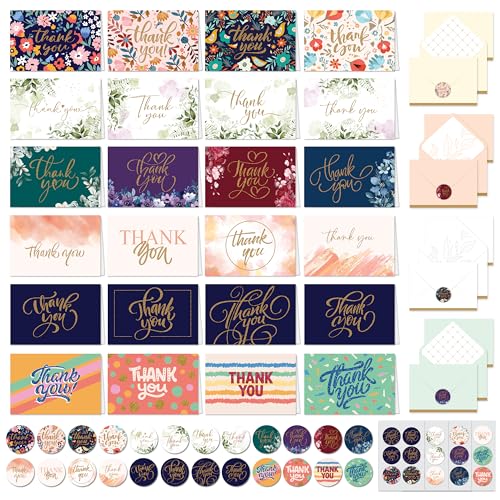 Decorably 24 Pack Glittery 6x4in Assorted Thank You Cards with Envelopes and Stickers, 24 Unique Beautiful Designs Thank You Card Assortment, Blank Inside - Wedding, Baby Shower, Birthday