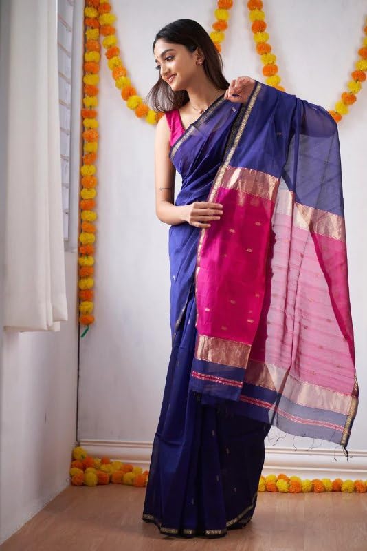 Image of Flosive Banarasi Look Chanderi Silk Saree for Women | Blue-Pink Contrast Designer Saree | Ethnic Drape with Golden Zari Work and Small Buttis
