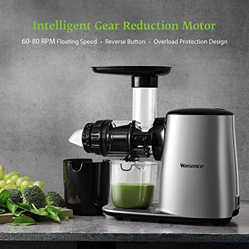 Juicer Machine Easy to Clean, Willsence Slow Masticating Juicer Extractor with 5 Mode Adjustment, Quiet Motor & Reverse & Anti-Drip Function, BPA-Free, Juice Recipes for Vegetables and Fruits