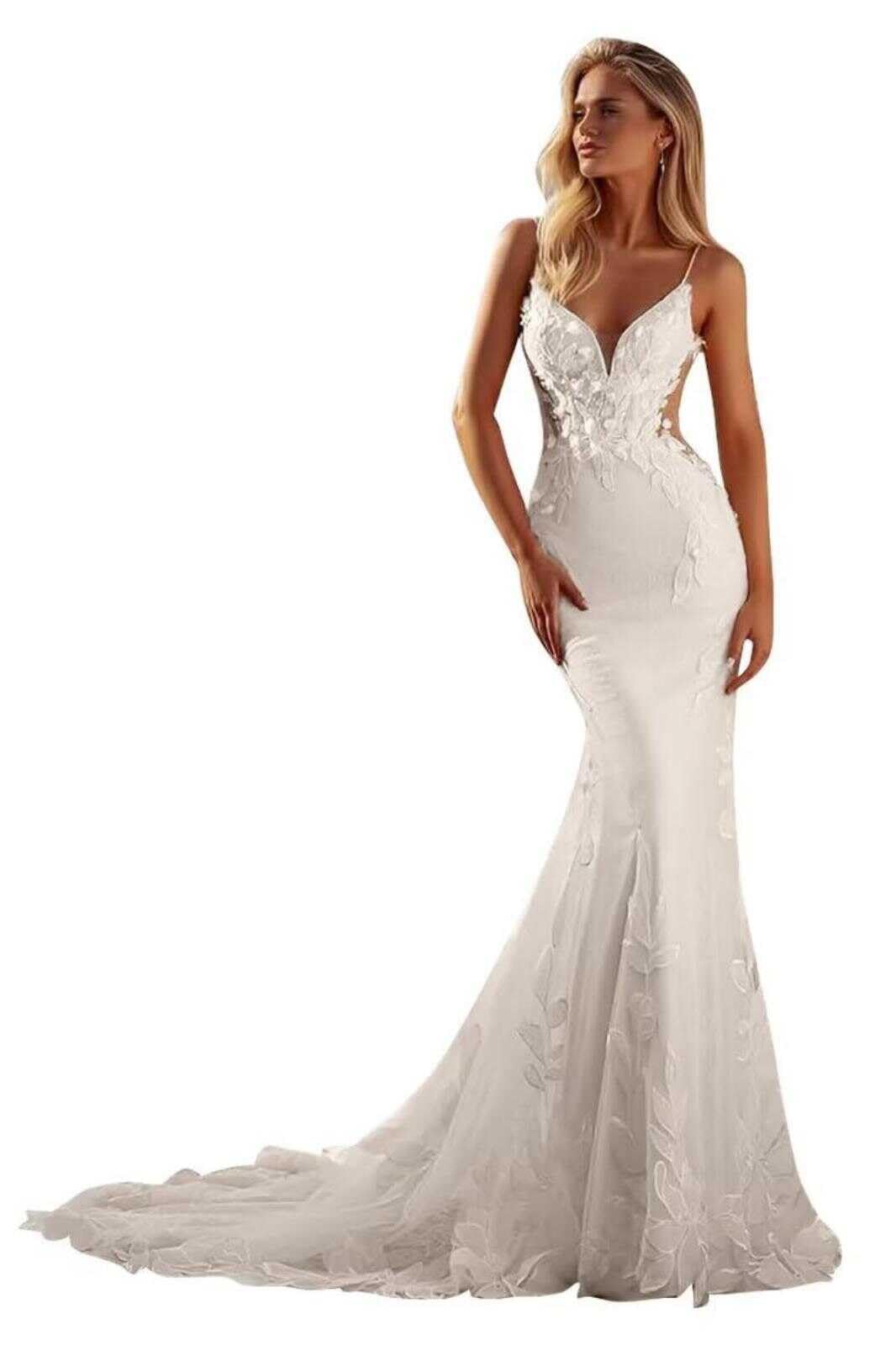 HUINI Spitzen Tüll Brautkleid mit Spaghettiträgern Meerjungfrau V-Ausschnitt Strand Hochzeitskleid für die Braut mit Schleppe