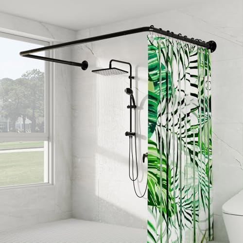 U Shaped Shower Curtain Rod [Both Sides: 23-52 Middle: 31-46.5] Adjustable U Shape Shower Rod Black Outdoor Corner Curtain Pole for Bathroom Bathtub with Ceiling Support & 12 Hooks