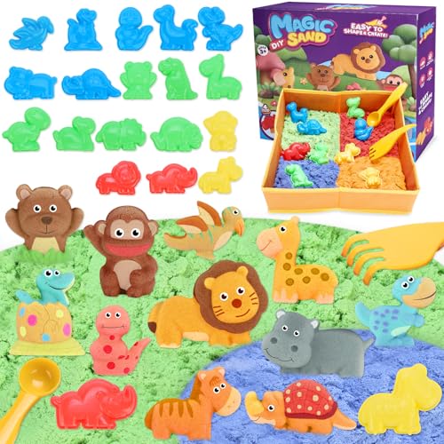 VBACALA Bac à Sable Magique Pour Enfants, Bac àSable Magique Pliable Avec 796g De sable, Moules à SablePour Animaux Sauvages, Pour Filles Et Garçons Cadeau De Jouet De able Pour Enfants 3 4 5
