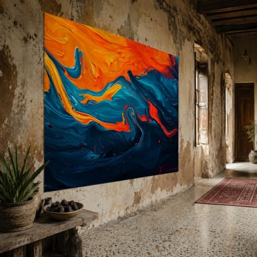 Tapisserie murale deco salon moderne grand tissu abstrait orange bleu 150cm