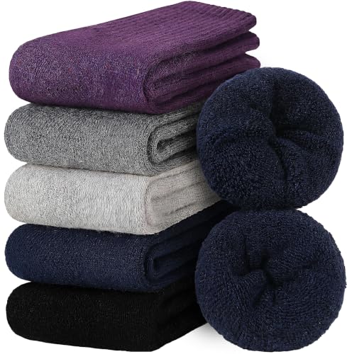Image of EBMORE 5 Pairs Women Merino Wool Boot Socks Warm Thermal Winter Thick Hiking Cozy Cabin Crew Comfy Socks for Ladies