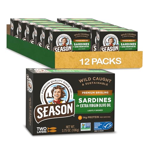 Season Brisling Sardines in Extra Virgin Olive Oil - Wild Caught, 14g of Protein, Keto Snacks, More Omega 3's Than Tuna, Kosher, High in Calcium, Canned Sardines, Two Layers - 3.37 Oz Tins, 12-Pack