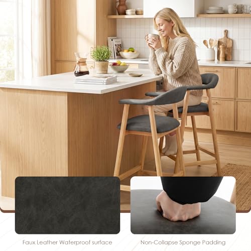 Image of 26 inch Bar Stools Set of 2, Upholstered Counter Stools, Modern Faux Leather Counter Height Bar Chairs with Backs and Arms, Wood Legs and Footrest, for Kitchen Counter, Island, Dining Room, Dark Gray