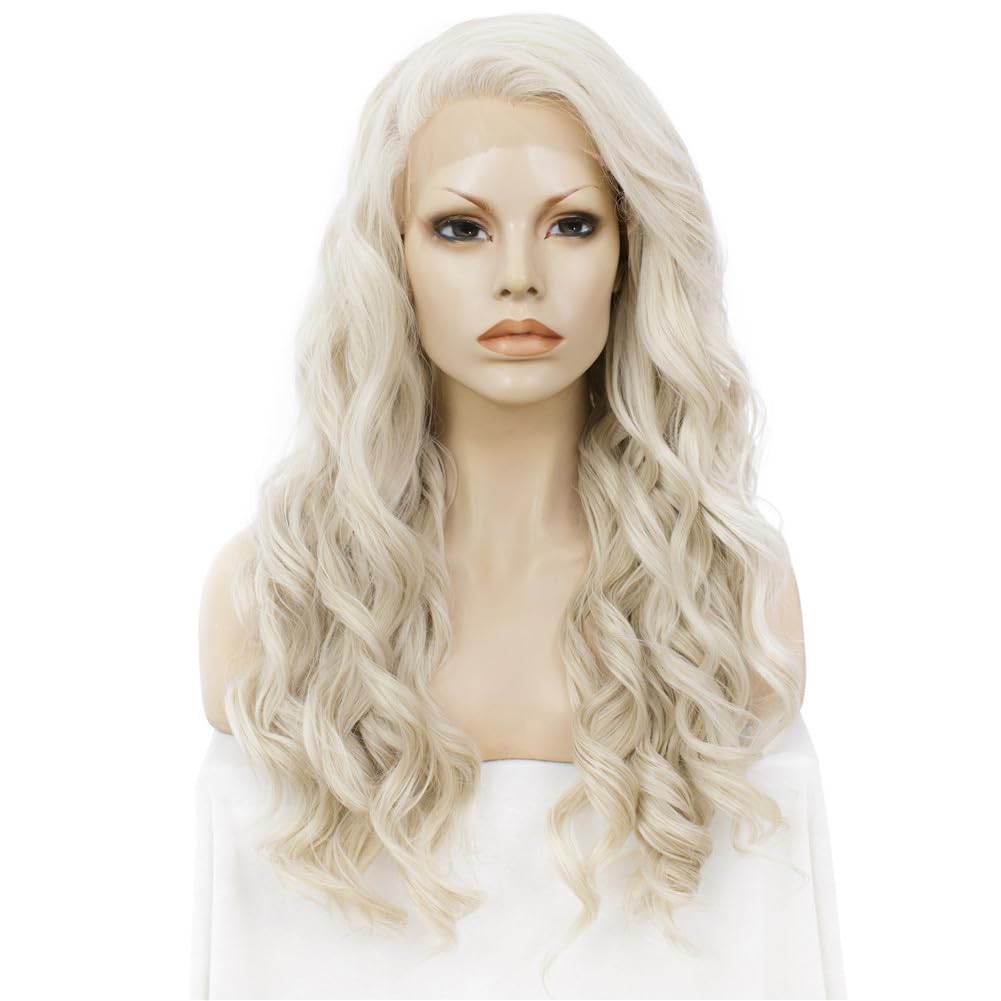 Imstyle Pelucas rubias para mujer, color rubio ceniza, con encaje frontal, pelo sintético, largo y rizado, resistente al calor, 61 cm