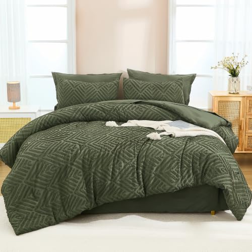 Image of Andency Queen Comforter Set Olive Green - 7 Pieces Bed in a Bag Queen Boho Olive Green Bedding Comforter Sets, Tufted Bed Set with Comforter, Sheets, Pillowcases & Shams