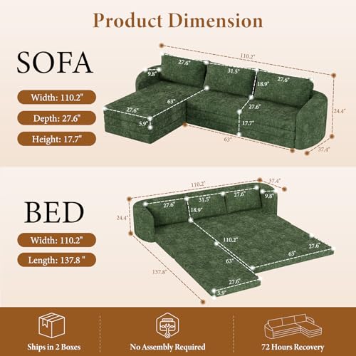 Image of Vesgantti 6 in 1 Convertible Folding Sleeper Sofa Bed, No Assembly, Green | 110.2 inch L Shaped Modular Sectional Sofa, Curved Armrest, Deep Seat Boneless Couches for Living Room, Chenille, Left Facing