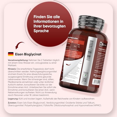 Eisentabletten - 400 vegane Tabletten - Eisen trägt zu einem normalen Energiestoffwechsel bei (EFSA) - 2 Tabletten pro Portion - 28mg Iron pro Tag - 6+ Monate Vorrat - Eisenbisglycinat - WeightWorld