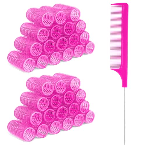 18pcs Self Grip Hair Rollers with Small Comb,Heatless Hair Curler,Plastic Rose Red Small Hair Rollers for Pro Salon Hairdressing and DIY Hairstyles (0.98 X 2.44 Inch)