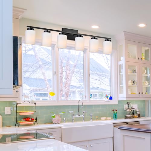 Image of 6-Light Bathroom Vanity Light with Milky White Frosted Glass,Matte Black Modern Bathroom Wall Mounter Light Fixtures Over Mirror for Living Room