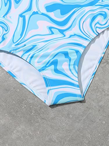 Wdirara Girl's Marble Print Spaghetti Strap One Piece Swimsuit Monokini Bathing Suits Blue And White 10Y #TOP2