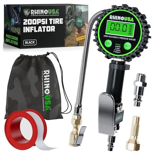 Rhino USA Digital Tire Inflator with Pressure Gauge (0-200 PSI) - ANSI B40.1 Accurate, Large 2" Easy Read Glow Dial, Premium Braided Hose, Solid Brass