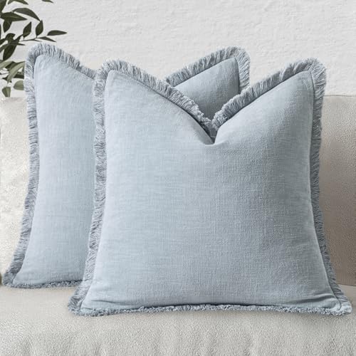 Image of MIULEE Decorative Throw Pillow Covers Neutral Linen Fringe Throw Pillows Set of 2 Sky Blue Boho Farmhouse Cushion Covers for Couch Sofa Bed Living Room Spring Home Decor 20x20 Inch