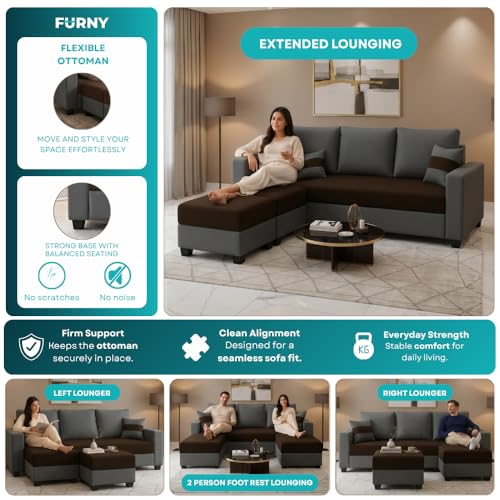 Image of FURNY Aura 3 Seater Modular Fabric Sofa Set with 2 Ottomans (Dark Brown-Dark Grey) | 5-Person Seating with Premium Velvet Finish | Ideal for Living Room