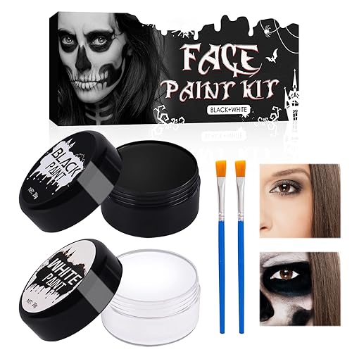 Horuili® Pintura facial de Halloween, kit de pintura corporal de rosto em branco e preto, pintura facial profissional de palhaço com pincel de maquilhagem para o Halloween Art Theatre Cosplay Clown