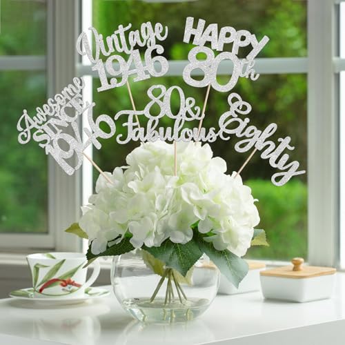 Image of 15 PCS 80th Birthday Centerpiece Sticks Glitter Eighty Happy 80 Vintage 1946 Table Flower Centerpieces Sticks Cheers to 80 Fabulous Floral Decorations for 80th Birthday Party Supplies Silver