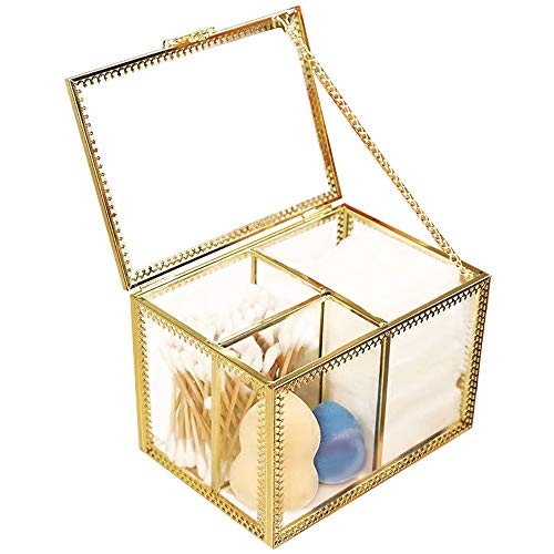 Mirror Glass Qtip Dispenser Apothecary Jars Bathroom - Qtip Holder Storage Canister Clear Glass Jar for Cotton Ball,Cotton Swab,Q-Tips,Cotton Rounds Vintage Decor Box (Gold)