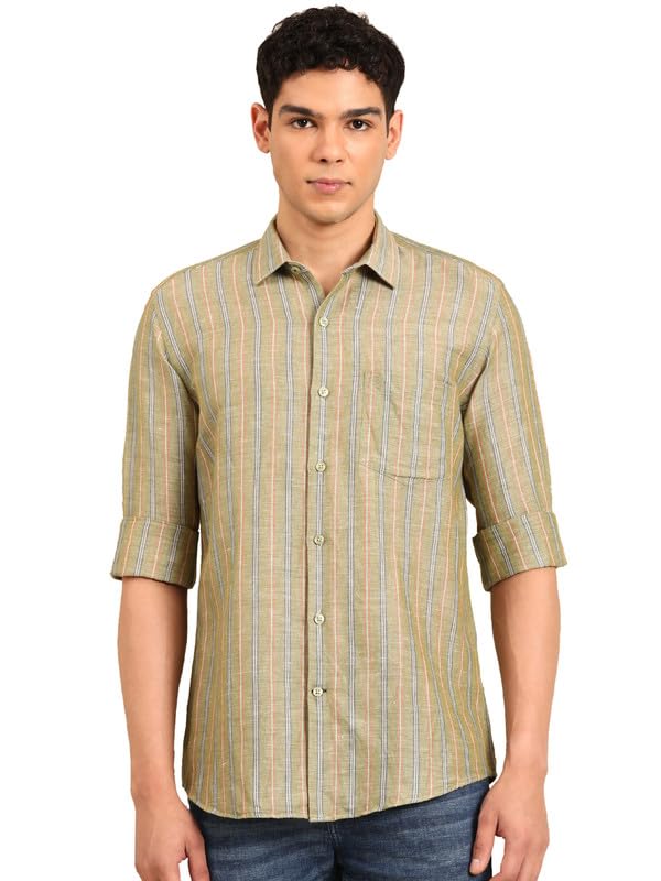 Image of Linen Club Men's Linen Rich Pink Striped Contemporary Fit Full Sleeve Casual Shirt