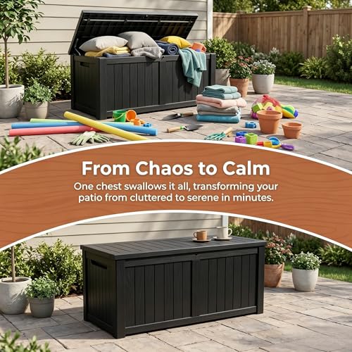 Image of 148 Gallon Resin Deck Box - Outdoor Storage Chest for Patio Furniture Cushions, Garden Tools, Pool Accessories & Backyard Organization Lockable Waterproof All-Weather Wood Grain Design, Easy Assembly