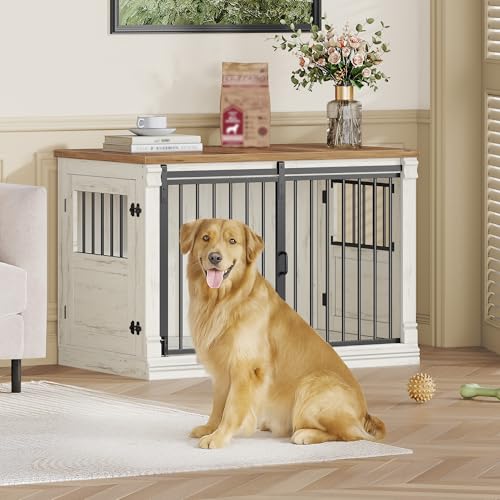 HEXCELEN 101cm Hundekäfig-Möbel, Hundebox Holz, Hundebox für Zuhause mit 3 Türen, Schiebetüren, für Kleine, Mittlere, Große Hunde, Robuster, Beistelltisch, 101 × 60,5 × 70 cm, Weiß Braun