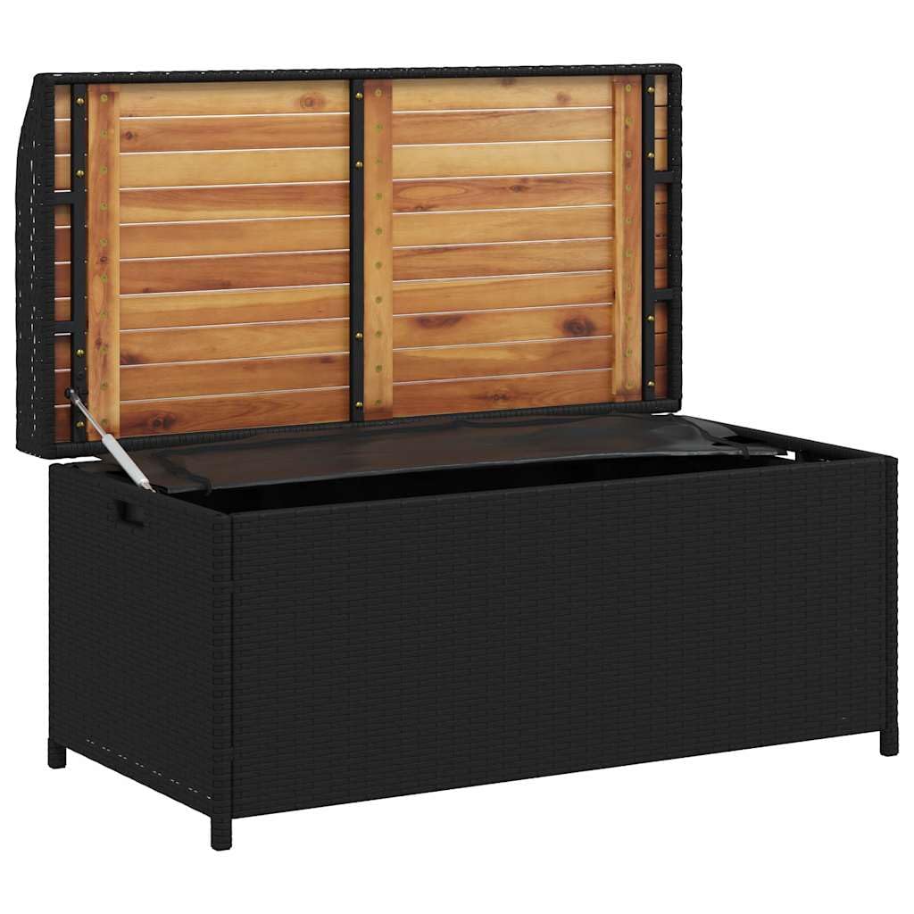 Panca Portaoggetti Nera 100x50x52 cm in Polyrattan e Legno Acacia con Seduta Resistente per Giardino Esterno Terrazzo Balcone Patio Cortile Veranda