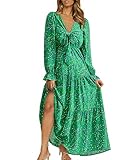 BTFBM Women's Floral Boho Maxi Dress Fall Summer Tie Front Cutout Casual Long Sleeve Wedding Party Cocktail Dresses(Floral Green Blue, Large)