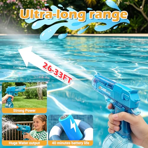 2 Pack Automatic Electric Water Gun for Kids Adults, Rechargeable Water Blaster Toy and Led Light, Long Range 32-35 FT, Water Gun for Swimming Pool Beach Outdoor Water Fighting Parties (Black+Blue) — view 3