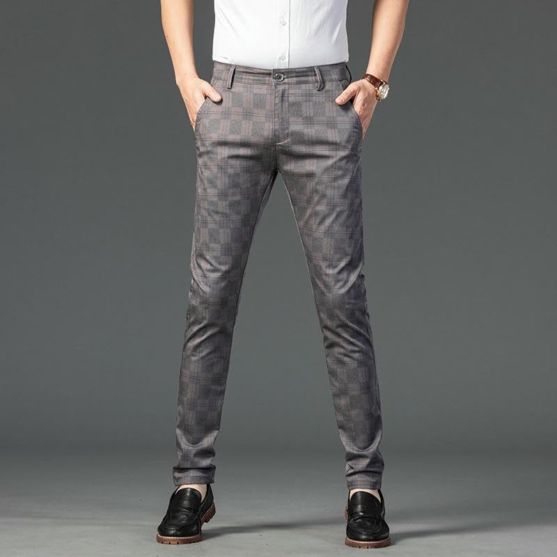 Men's Spring Plaid Elastic Business Slim Straight Trendy Casual Pants2