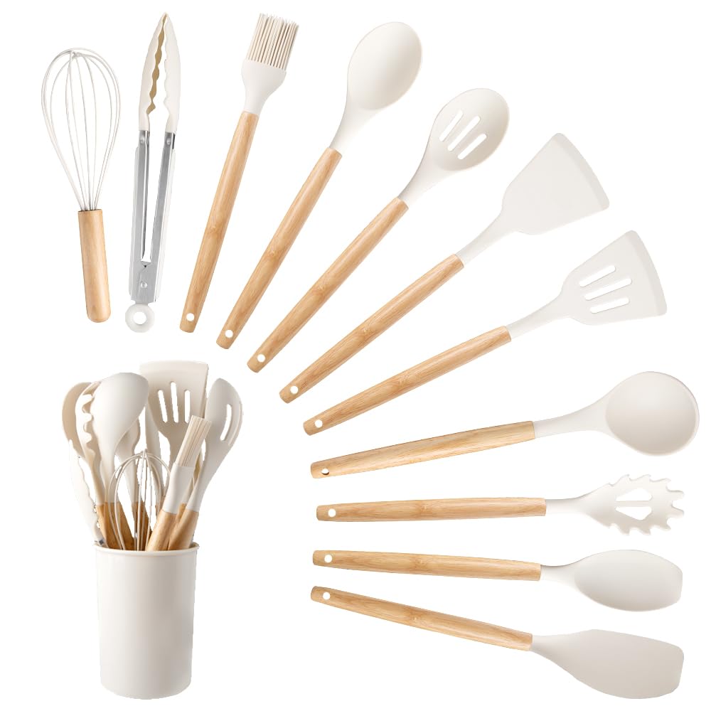 Silicone Cooking Utensils Set, 12Pcs Large Heat Resistant Kitchen Utensils, Turner Tongs, Spatula, Spoon, Wooden Handle Kitchen Gadgets with Holder for Nonstick Cookware, Dishwasher Safe (White)