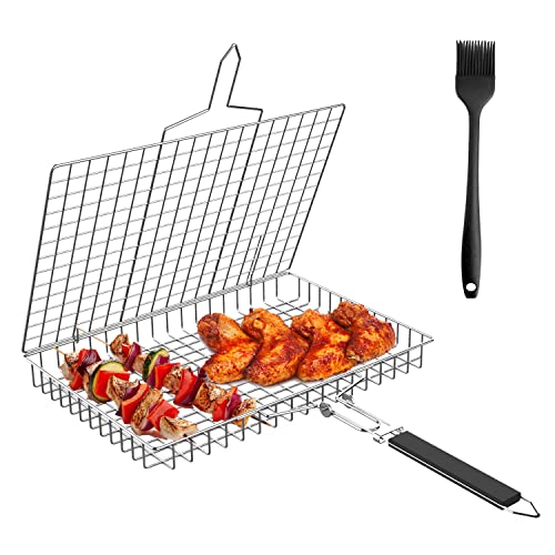 Newthinking BBQ Grill Basket for Vegetable and Fish Portable Stainless Steel Folding Barbecue Grill Basket Net with Removable Handle for Roast Fish Vegetables BBQ Party