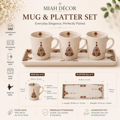 Image of miah decor Ceramic Coffee Mugs Set with Serving Platter, Handmade Stoneware