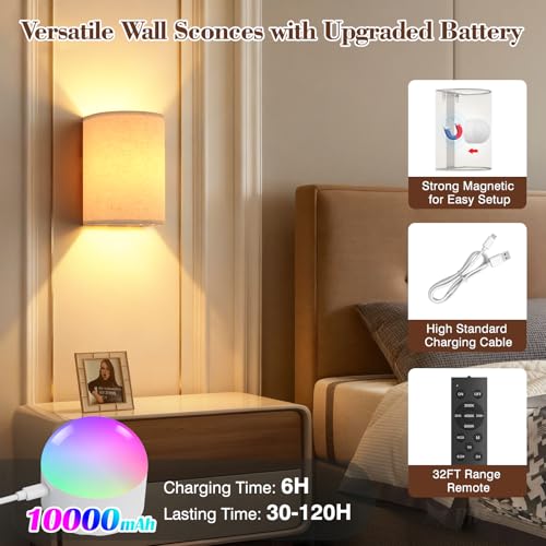 Image of Battery Operated Wall Sconce Set of Two: 10000mAh Wireless Wall Light with Rechargeable Magnetic Bulb - Dimmable Wall Lamp with 7 RGB Colors - Linen Shade Sconces with Remote for Bedroom Living Room