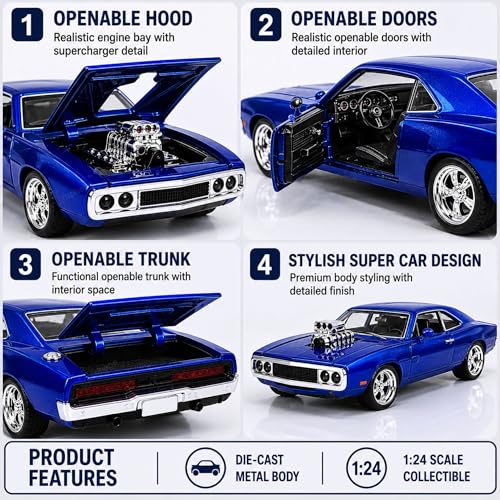 Image of GRAPHENE 1:24 Scale Metal Diecast Pullback Toy Car Charger Blue Sports Car Premium Muscle with Openable Doors Alloy Body Collectible Vehicle Toy for Kids Boys Girls (Age 3+)