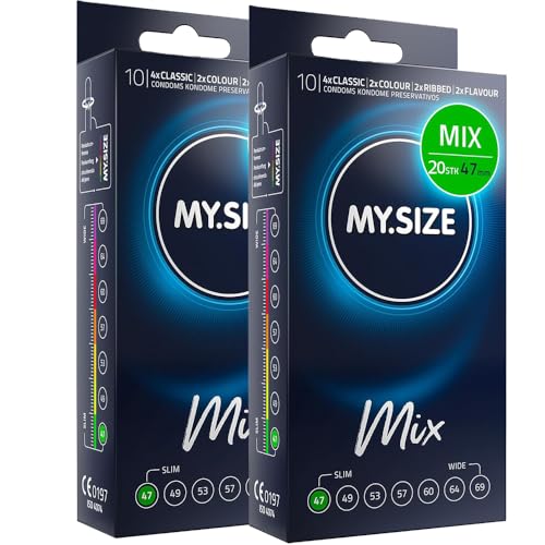 MY.SIZE Mix preservativos 47 mm 20 unidades – Corte estrecho | Variedades: azul, rojo sabor fresa, estriado, natural | Preservativos premium | Marca alemana | Grosor 0,07 mm