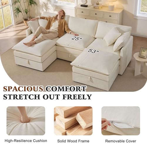 Image of Ihanherry 103 inch Modular Sectional Sofa with Storage, U Shaped Cloud Couch with Movable Ottomans & 4 Pillows, Chenille Deep Seat Sectional Couches for Living Room, Apartment (Beige)