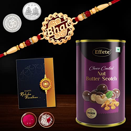 Image of DeoDap Multicolor Bhai Coded Roli Chawal Gift Rakhi with Chocolate Butter Scotch 96gm, Silver Pooja Coin, Tilak Set, Greeting Card - Rakhi Gift for Brother