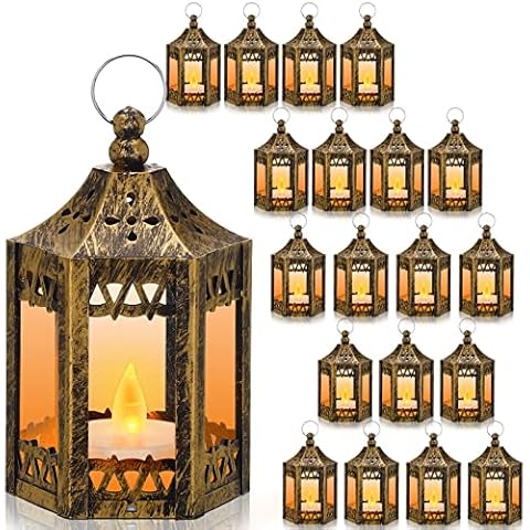 Hortsun 30 Pcs Vintage Lantern with LED Candles Wedding Lights Decorative Mini Hanging Lantern with Shining Decor Battery Portable Hexagonal Lantern Home Eid Mubarak Christmas Party Decor(Gold) Cover