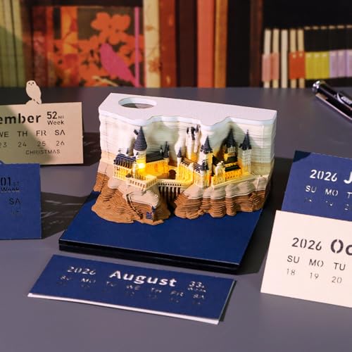 Calendario de castillo de escultura de papel 3D 2026 con luz LED para mesa de oficina 4