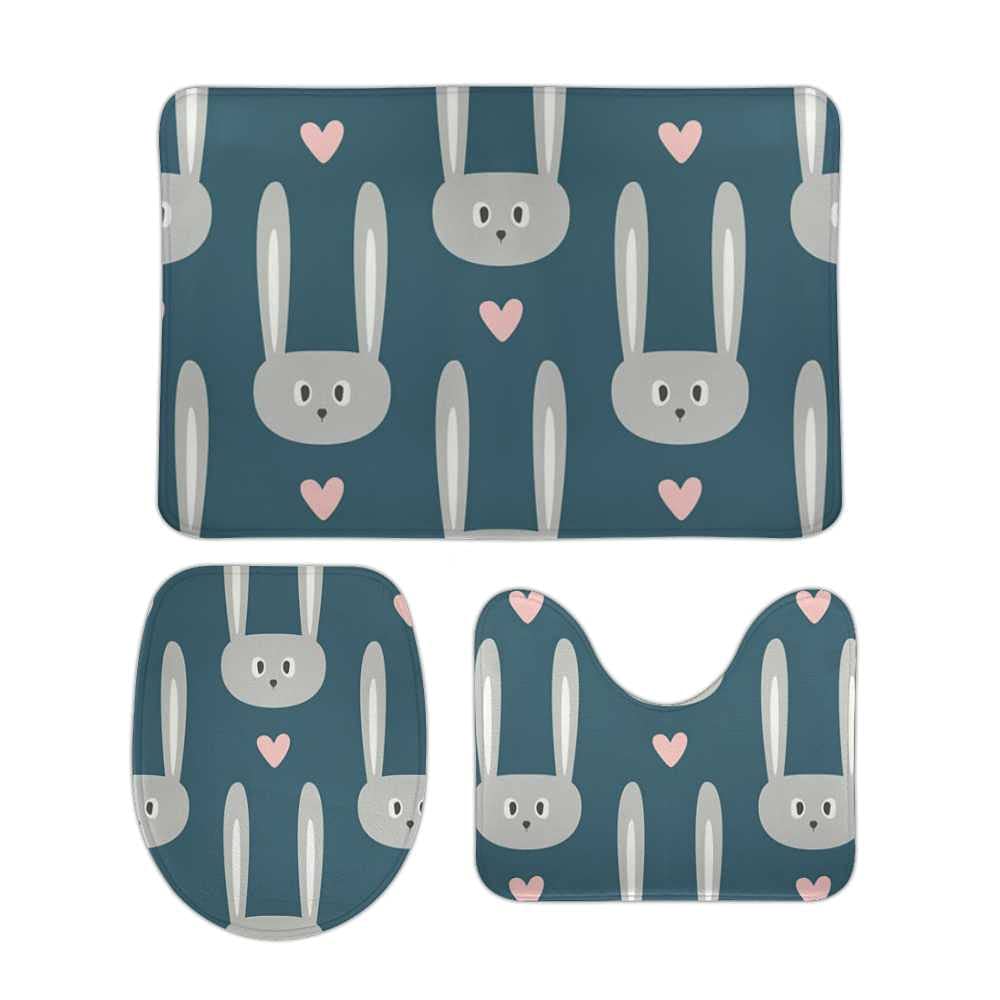 Tapis de bain en mousse polaire extra douce premium à motif cœur et lapin, set de 3